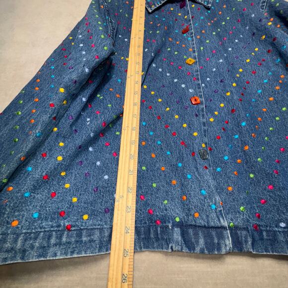 VTG Willow Ridge Rainbow Polkadot Denim Jean Jacket Top Petite XL Boho Pockets - Picture 6 of 11